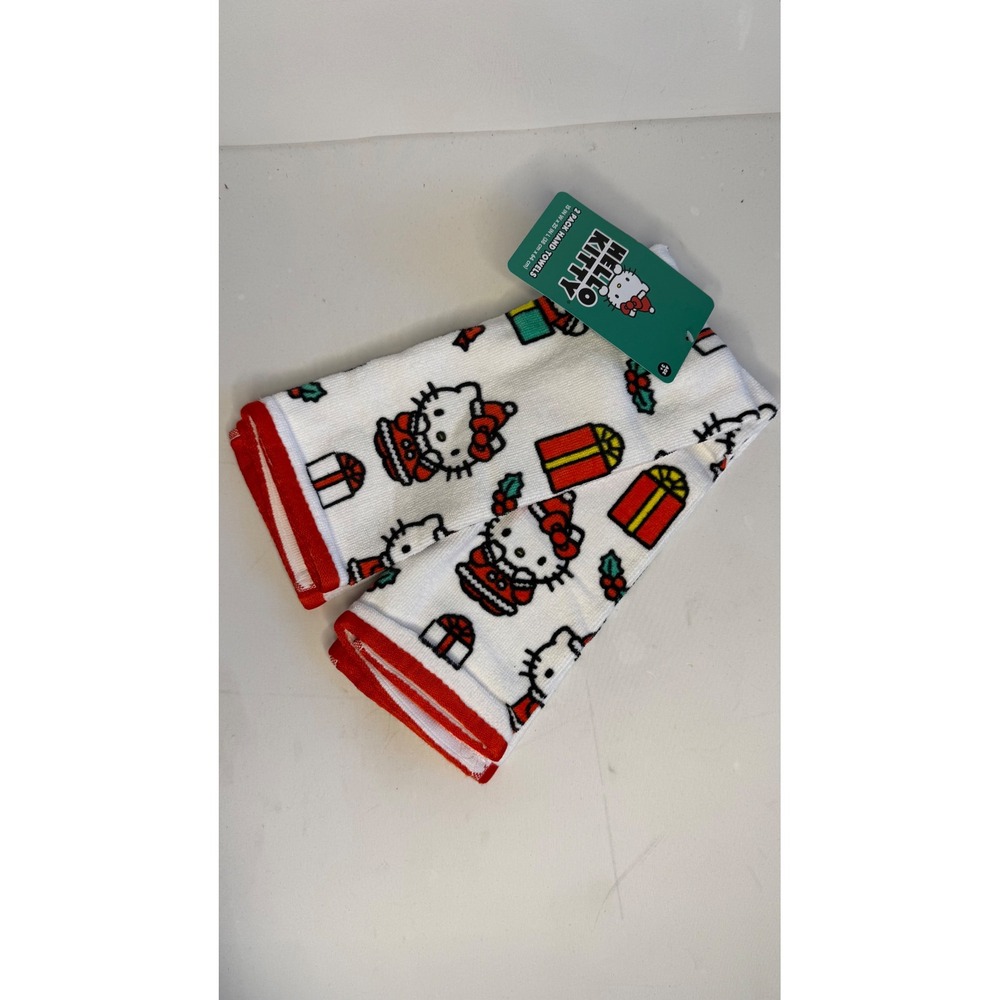 Hello‎ Kitty Christmas Holiday Hand Towels 2 Pack White Red Festive